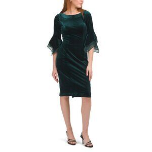 ADRIANNA PAPELL Hunter Three-quarter Ruffle Sleeve Velvet Midi Dress
